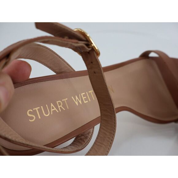 Stuart Weitzman Nearlybare Tan 75mm Block Heel Sandals Size 11B Brown Leather - Picture 12 of 14